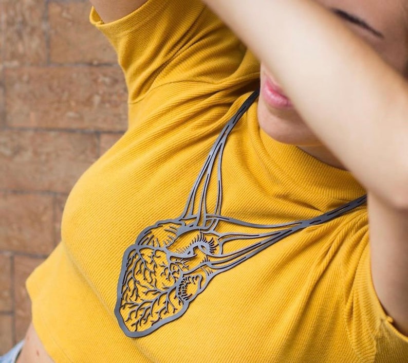 May include: A black metal necklace with a detailed anatomical heart design. The necklace is worn by a person with a yellow shirt.