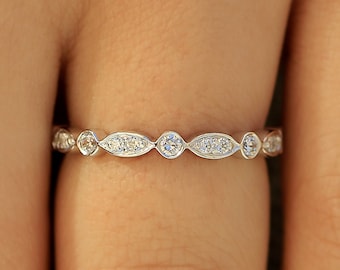 Moissanite Art Deco Wedding Band White Gold Womens Marquise Band, Real SOLID 14K Gold Vintage Wedding Band, Stacking Ring, Stackable Band
