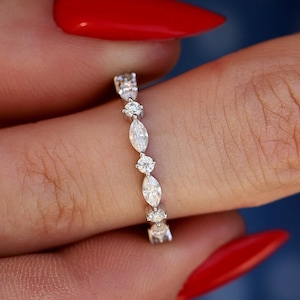 Alianza de boda de eternidad completa, con diamantes de laboratorio o moissanita de talla redonda y marquesa alternados, en oro blanco, amarillo o rosa de 10K/14K para mujer