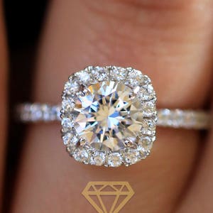 18k White Gold Cushion Cut Halo Engagement Ring, 2 Carat Round Cut Bridal Wedding Ring Lab Created Man Made Synthetic Simulated Diamonds image 2