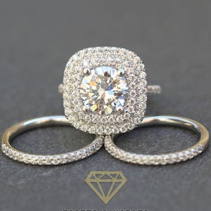 4.50 ctw Halo Engagement Ring Bridal Set of 3 Wedding Rings Double Halo & Double Wedding Bands, Solid 14k Heavy White Gold, Custom Made Pave