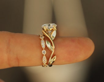 Handmade 9x7mm Oval Moissanite Engagement Ring and Art Deco Wedding Band by Facets and Karats on Etsy Available in Solid 10K or 14K Gold