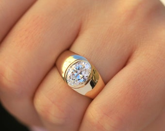 Wide Band Oval Engagement Ring for Women, Bezel Set Wedding Ring