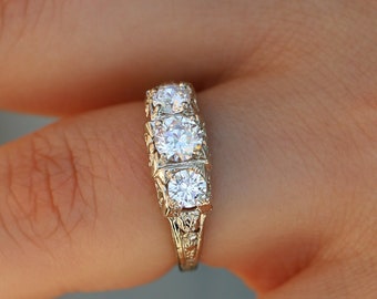 Vintage Moissanite Unique Three Stone Engagement Ring With 1.2 Carat Total Weight in 14K White Gold Available in Yellow Gold and Rose Gold