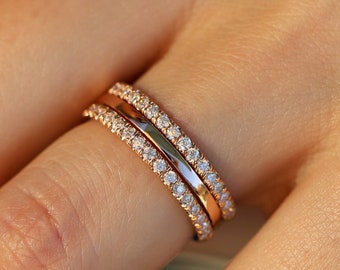 Anillo de boda de 3 piezas con diamantes de laboratorio, anillo de diamantes CVD para mujer en media eternidad, anillo apilable de diamantes, regalo de aniversario para ella