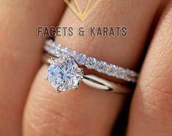 18K Real White Gold Round Cut Solitaire Engagement Ring - Matching Full Eternity Wedding Band Engagement Ring Set by Facets & Karats on Etsy