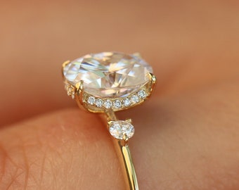 9x7mm Oval Moissanite Hidden Halo Engagement Ring, 2ct Oval Moissanite Ring, Unique Ring, Thin Band Low Profile 14K Gold Ring For Women