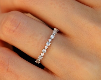 Unique Moissanite Ring Ladies Moissanite Wedding Band, 14K White Gold Stackable Moissanite Band Womens Anniversary Ring Band, Gift For Her
