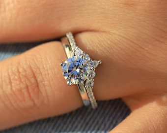 14K White Gold Womens Bridal Ring Set, Moissanite Wedding Ring Set, Round Cut Engagement Ring Set, Promise Ring, Anniversary Ring For Her