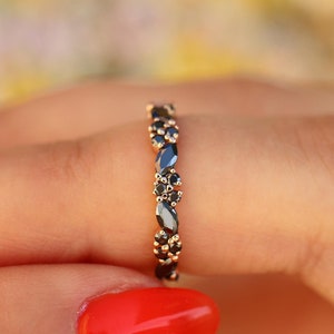 Black Moissanite Ring, Black Moissanite Band, Unique Marquise Wedding Band Womens Wedding Ring, in 14K Solid Gold by Facets and Karats