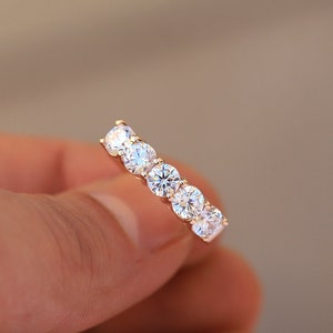 5 Stone Moissanite Ring 2.5 Carat 14K Solid Gold Moissanite Anniversary Ring For Her, Anniversary Band, Classic Round Shared Prong Set Ring