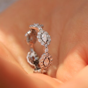 Marquise Halo Moissanite Eternity Band, Marquise Moissanite Eternity Ring, in 14K White Gold Available in Yellow Gold & Rose Gold Size 3-11