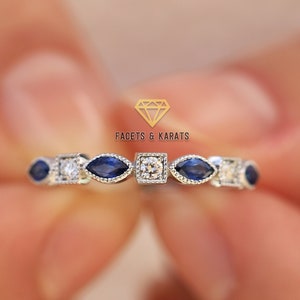 Alternating Round Diamond and Marquise Sapphire Wedding Band in 14K White Gold available in Yellow Gold and Rose Gold, Sizes 3-13