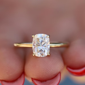 18K Solid Yellow Gold Tulip Solitaire Engagement Ring Elongated Cushion Cut Moissanite, Wedding Ring For Her, Floral & Vintage Inspired Ring