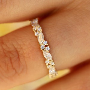 Full Eternity Wedding Band With Alternating Marquise & Round Cut Moissanite, All The Way Around, Solid 14K Yellow Gold Dainty Stacking Band