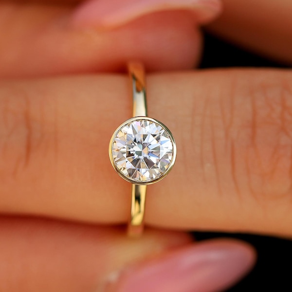 1ct Bezel Set Round Moissanite Stackable Solitaire Engagement Ring For Women in 14K Solid Yellow Gold by Facets and Karats