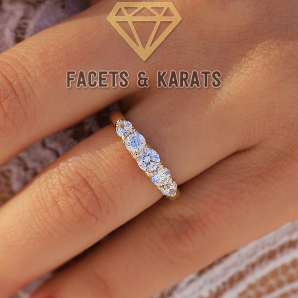 5 Stone Anniversary Ring Wedding Band 1 Carat Set in 14K Solid Yellow Gold Available in White Gold and Rose Gold by Facets & Karats on Etsy