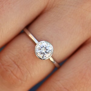 0.75 Carat Bezel Set Moissanite Engagement Ring, Bezel Solitaire Ring, Wedding Ring For Women, Low Profile Ring, in 14K White, Rose and Gold