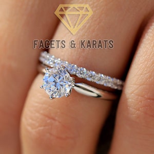 18K Real White Gold Round Cut Solitaire Engagement Ring - Matching Full Eternity Wedding Band Engagement Ring Set by Facets & Karats on Etsy