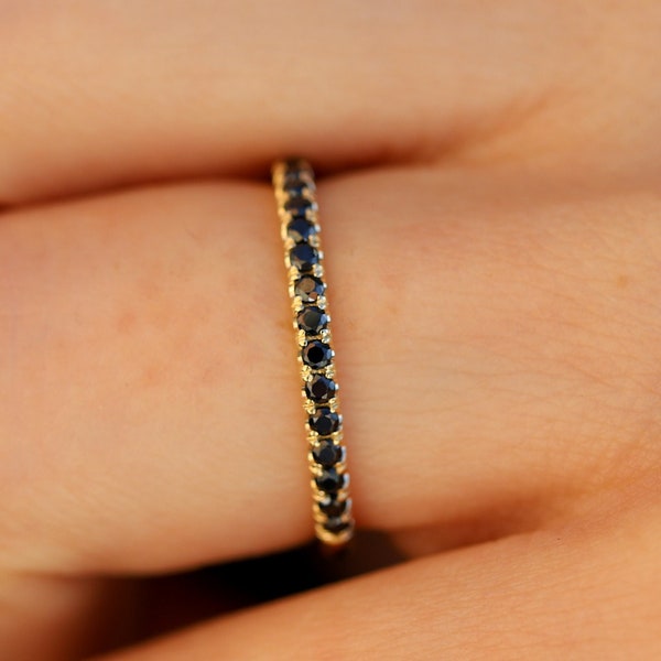Solid 10K or 14K Gold Black Moissanite Wedding Band Womens Wedding Ring in Half Eternity With 1.5mm Moissanites, Yellow, Rose or White Gold