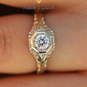 Unique Moissanite Engagement Ring Handmade in Los Angeles, 0.50 Carat Center Stone and 14K White Gold (Available in Yellow Gold & Rose Gold)