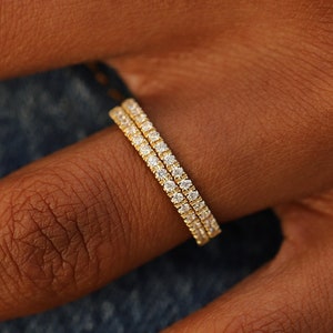 Lab Created Diamond Wedding Band Set of 2 For Women, 14K Solid Yellow Gold, Double Band Petite Micro Pavé Flush Fit Diamond Wedding Ring Set