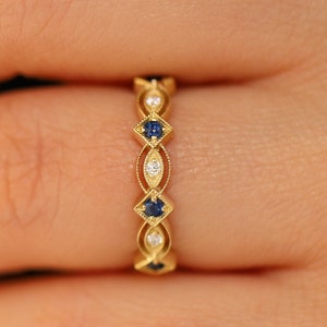 14K Yellow Gold Wedding Band Womens Sapphire and Moissanite Wedding Ring, Anniversary Gift, Bridal Ring, Lady&#39;s Unique Vintage Wedding Ring