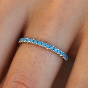 14K White Gold Turquoise Wedding Band Womens Turquoise Ring, Half Eternity Band, Wedding Ring, Anniversary Band For Her, Promise Ring Band