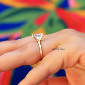 Thin Band Engagement Ring 14K Solid Yellow Gold Emerald Cut Solitaire Wedding Ring 9x7mm, Minimalist Wedding Ring, Promise Ring For Her