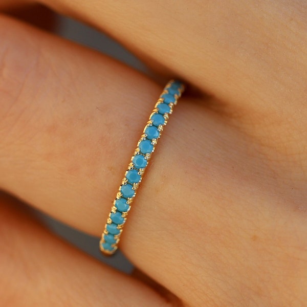Solid 14K Yellow Gold Turquoise Wedding Band For Women in Half Eternity With 1.5mm Stones and 1.85mm Width, Available White Gold & Rose Gold