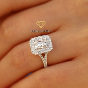 2.25 Ct Radiant Cut Moissanite Engagement Ring VVS1 Womens Halo Ring, 14K White Gold, Yellow Gold, or Rose Gold by FACETS & KARATS on Etsy