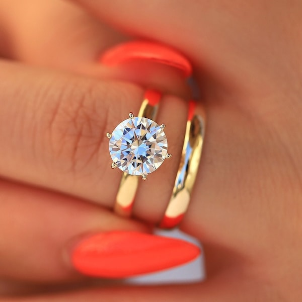 2ct Round Moissanite Engagement Ring Set, Solitaire Wedding Ring Set With Wedding Band, 10K/14K Solid Yellow Gold, White Gold, Or Rose Gold