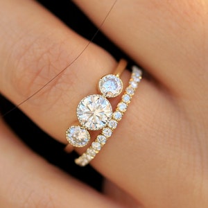 Moissanite Bezel Set Wedding Ring Set, Unique Engagement