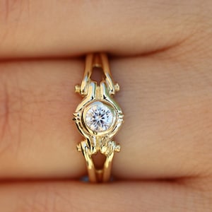 Handcrafted Lab Diamond Engagement Ring (HPHT), Unique Bezel Engagement Ring, Vintage Bridal Ring, Solid 14K Gold Ring, For Women Sizes 3-13