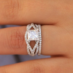 Princess Cut Moissanite Wedding Ring Set of 2, Moissanite Engagement Ring and Matching Wedding Band in 14K White Gold, Custom Made in USA
