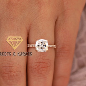 2 Carat Cushion Cut Engagement Ring, 14k Solid Rose Gold Womens Wedding Ring, Promise Ring, Bridal Ring, Solitaire Ring Side Accent Stones