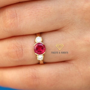 Bezel Set Ruby Engagement Ring 14K Solid Yellow Gold Half Bezel Set Ruby Ring, Womens Three Stone Low-Profile Anniversary Ring, Wedding Ring