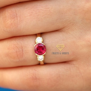 Bezel Set Ruby Engagement Ring 14K Solid Yellow Gold Half Bezel Set Ruby Ring, Womens Three Stone Low-Profile Anniversary Ring, Wedding Ring