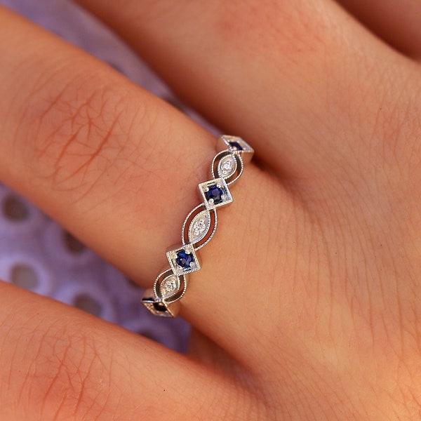 Sapphire and Moissanite Wedding Band, 14K Solid White Gold Available in Yellow Gold and Rose Gold, by Facets and Karats on Etsy