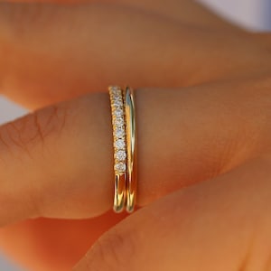 Double Wedding Bands Womens Wedding Ring Set of Two in Solid 14K Yellow Gold, 1 Plain God Band and 1 Half Eternity Moissanite Wedding Band