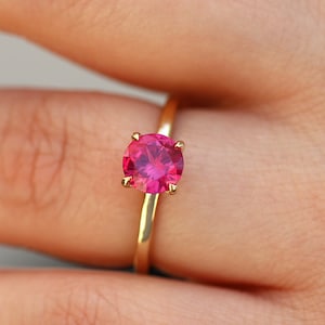 14K Yellow Gold Ruby Solitaire Ring, Lab Created Ruby Alternative Engagement Ring, Simple Round Ruby Ring, Low Setting, Engraving Available