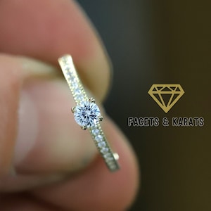 14K Solid Real Gold Womens Moissanite Promise Ring For Her, Tiny Commitment Ring For Girlfriend, Vintage Pave Setting With Milgrain