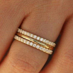 Set of 3 Womens Wedding Bands, 2 Half Eternity Lab Diamond or Moissanite Bands and 1 Plain Gold Band, 14K Solid White, Yellow or Rose Gold