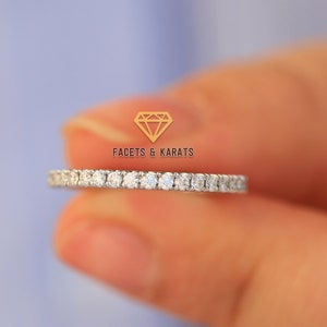 14K White Gold Band Womens Moissanite Diamond Wedding Band Half Eternity Flat Edged Pave Wedding Band, Solid Gold Wedding Ring Matching Band