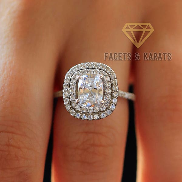 Anillo de compromiso con corte de cojín de doble halo de 2,75 ctw, anillo de novia de boda, oro blanco sólido de 14k creado en laboratorio, diamantes simulados hechos por el hombre