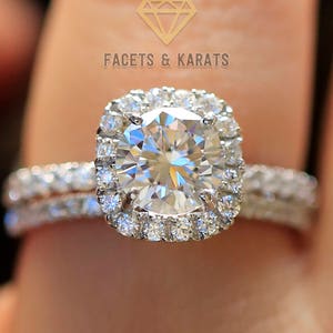 2.20 ctw Round Halo Engagement Ring, Bridal Set, Wedding Band, Solid 14k White Gold Lab Created Man Made Synthetic Simulated Diamonds