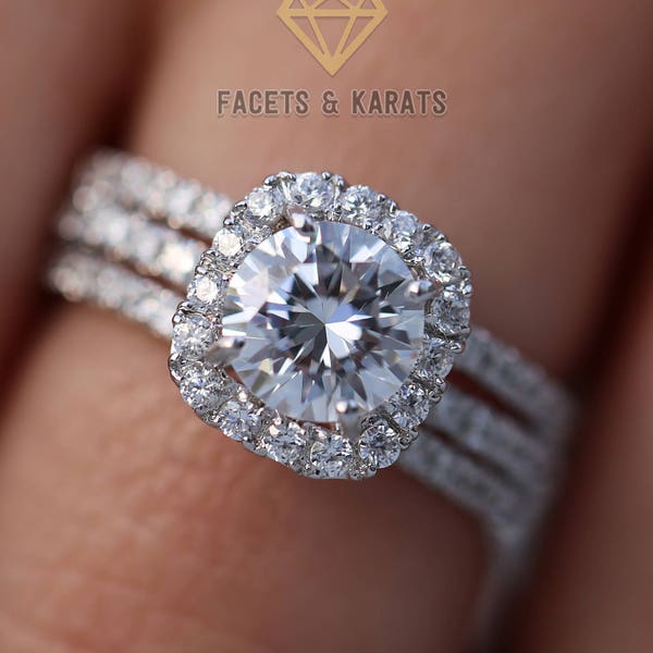 Conjunto de anillo de compromiso con halo de cojín, conjunto nupcial de moissanita redonda de 2,50 quilates en oro macizo de 10K o 14K.