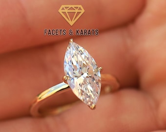 Anillo de compromiso solitario de perfil bajo con talla marquesa de 3 quilates con diamante de laboratorio certificado por IGI o moissanita