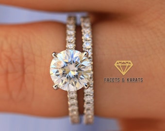 1.5 Carat Round Moissanite Wedding Ring Set in 14K White Gold Available in Yellow Gold and Rose Gold by Facets and Karats on Etsy