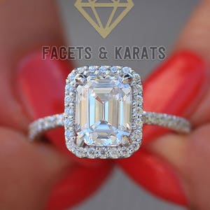 Emerald Cut Halo Engagement Ring 3.50 Carat 14k Solid White Gold OR Yellow & Rose Gold by FACETS and KARATS Simulated Diamonds or Moissanite